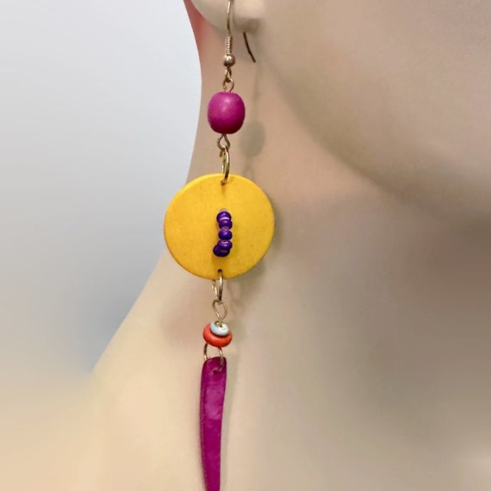 Boho Earrings, NOS, 1980s, Shoulder Dusters, Wood, Bright Colors, 6" Long